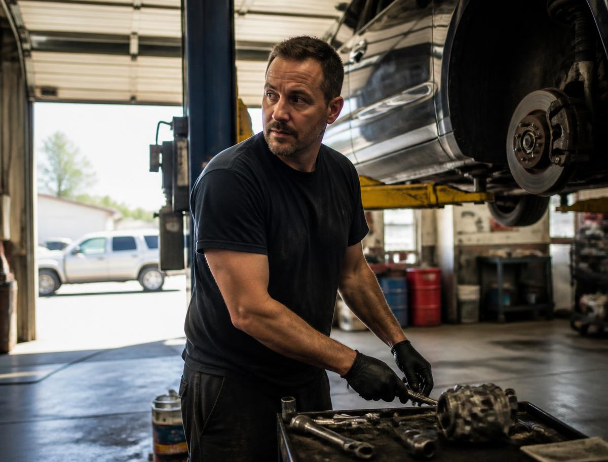 An independent auto shop owner working beside a lifted vehicle