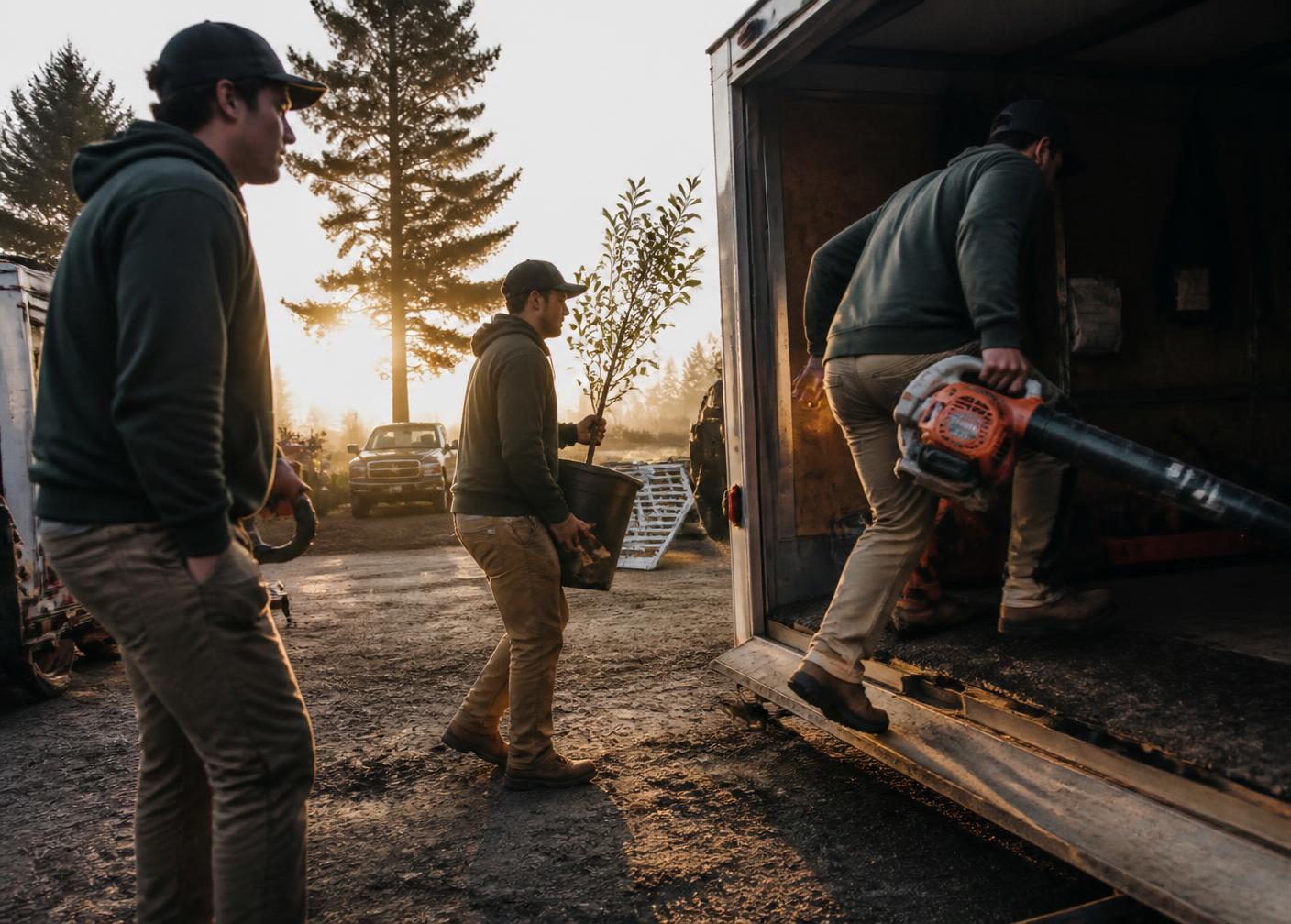 A small landscaping crew loading equipment into a work truck at sunrise
