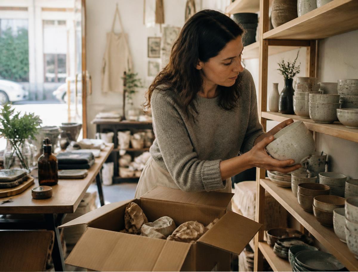 A shop owner unpacking and shelving new inventory