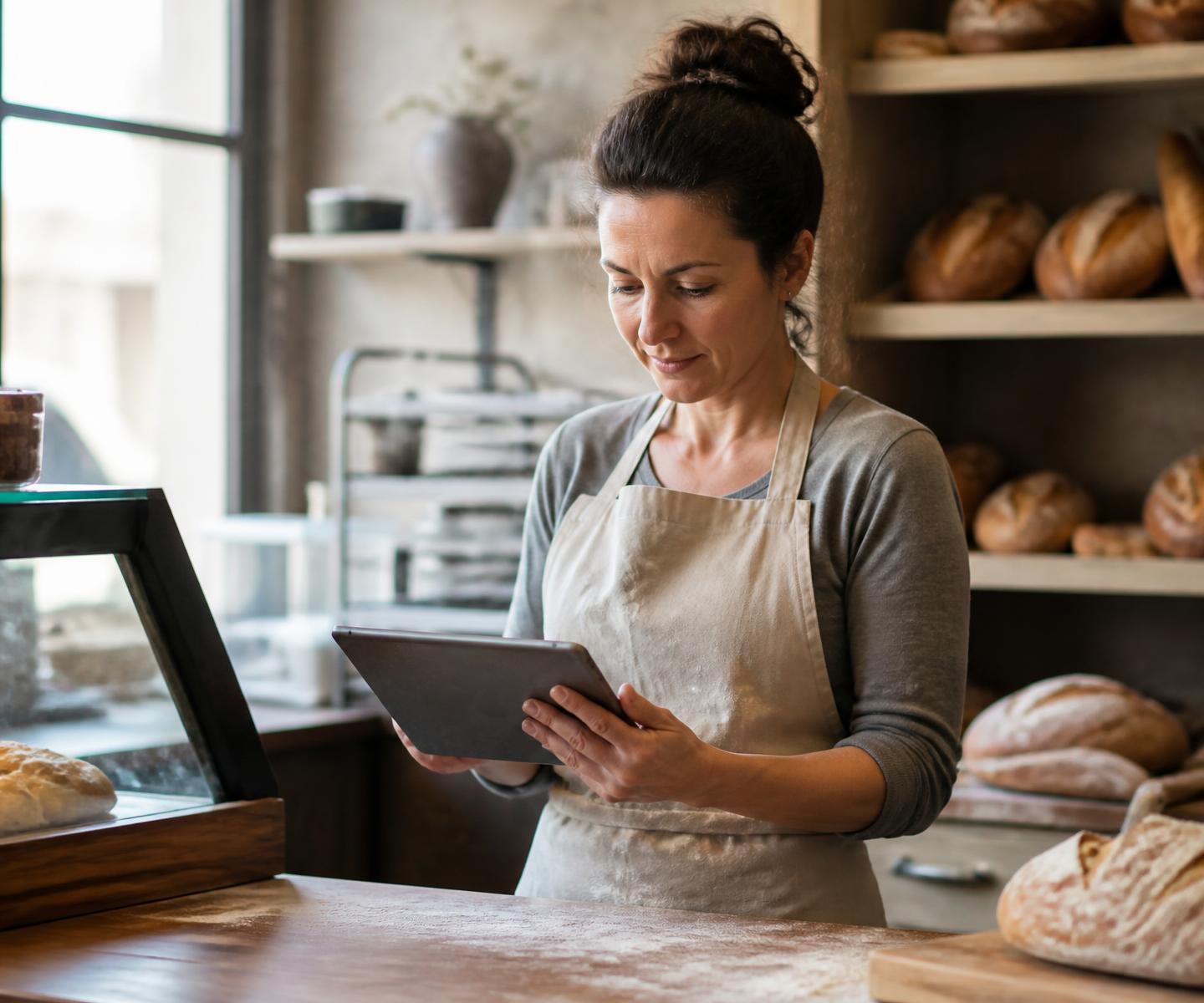 A bakery owner reviewing her business numbers on a tablet in her shop